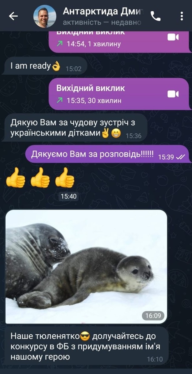 Скріншот листування з Дмитром Кричуном, який закликає городоччан долучитися до обрання імені новонародженого тюленя.