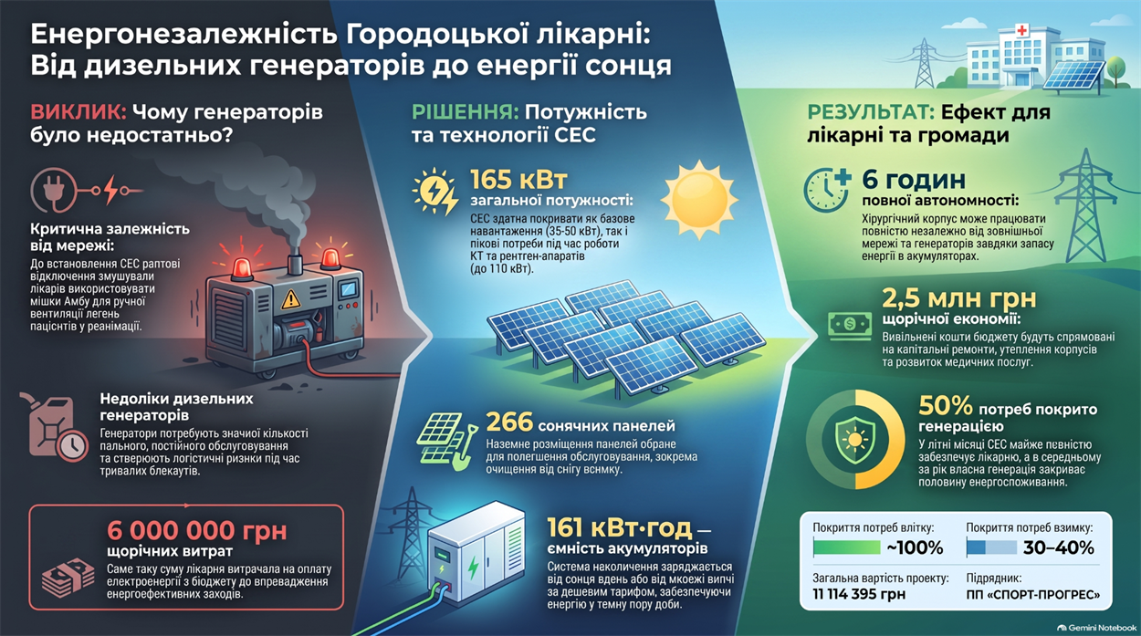 Від генератора до СЕС: як Городоцька лікарня будує систему автономного живлення і скільки це коштує